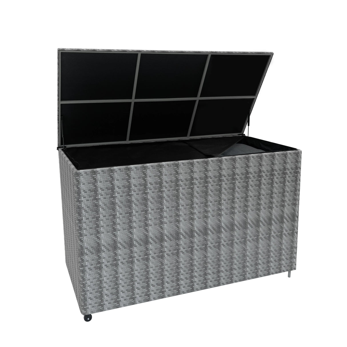 Grey rattan storage box with a textured woven design, spacious interior, and a hinged lid for easy access and organization