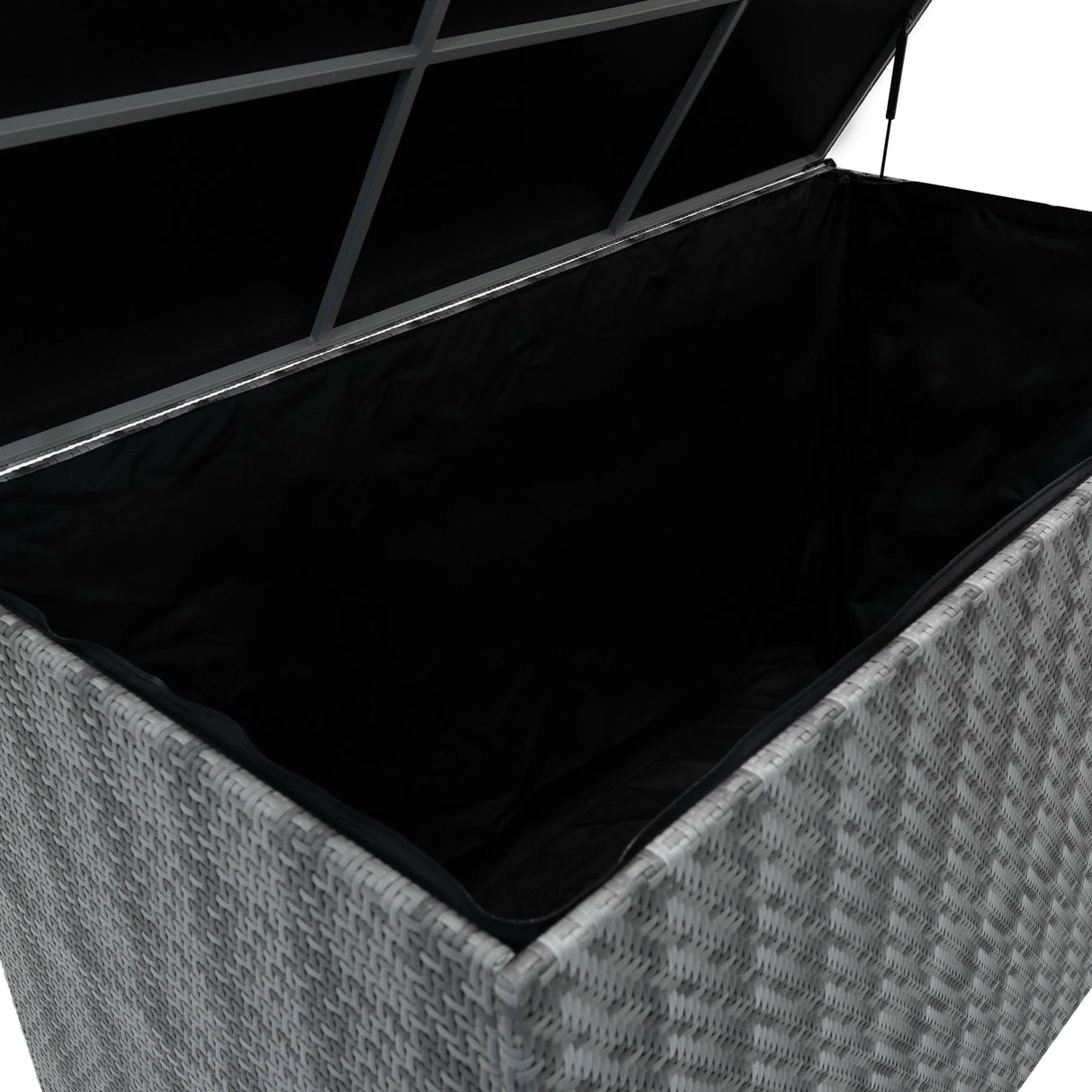Grey rattan storage box with a textured woven exterior and a spacious black interior, ideal for organizing items stylishly
