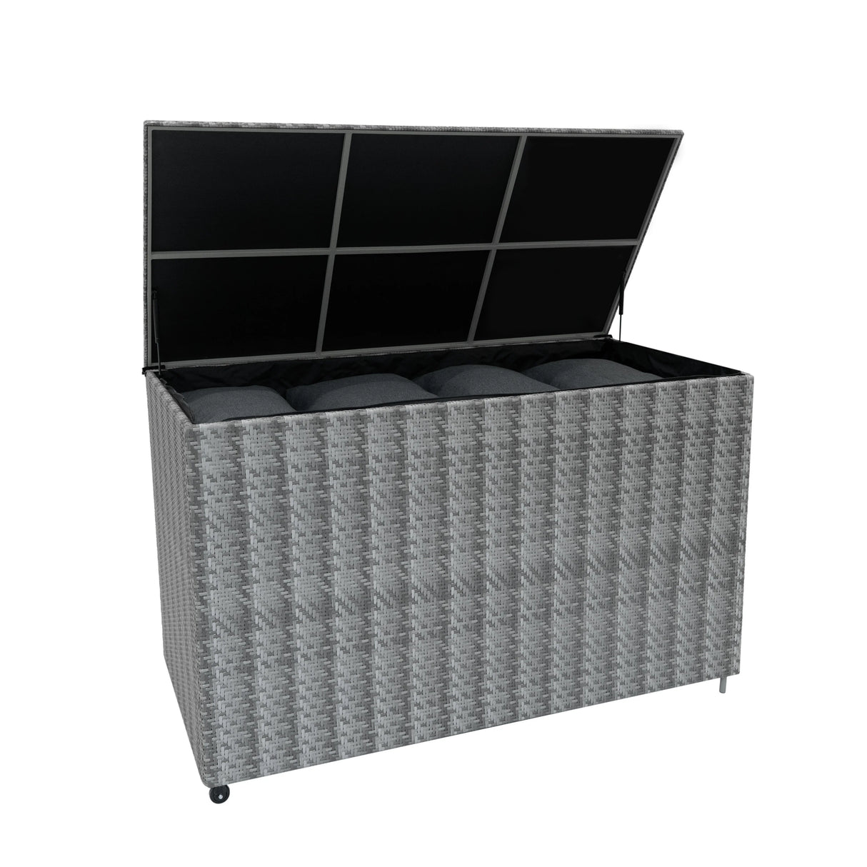 Grey rattan storage box with a textured weave, spacious interior, and a hinged lid, ideal for organizing and decluttering spaces