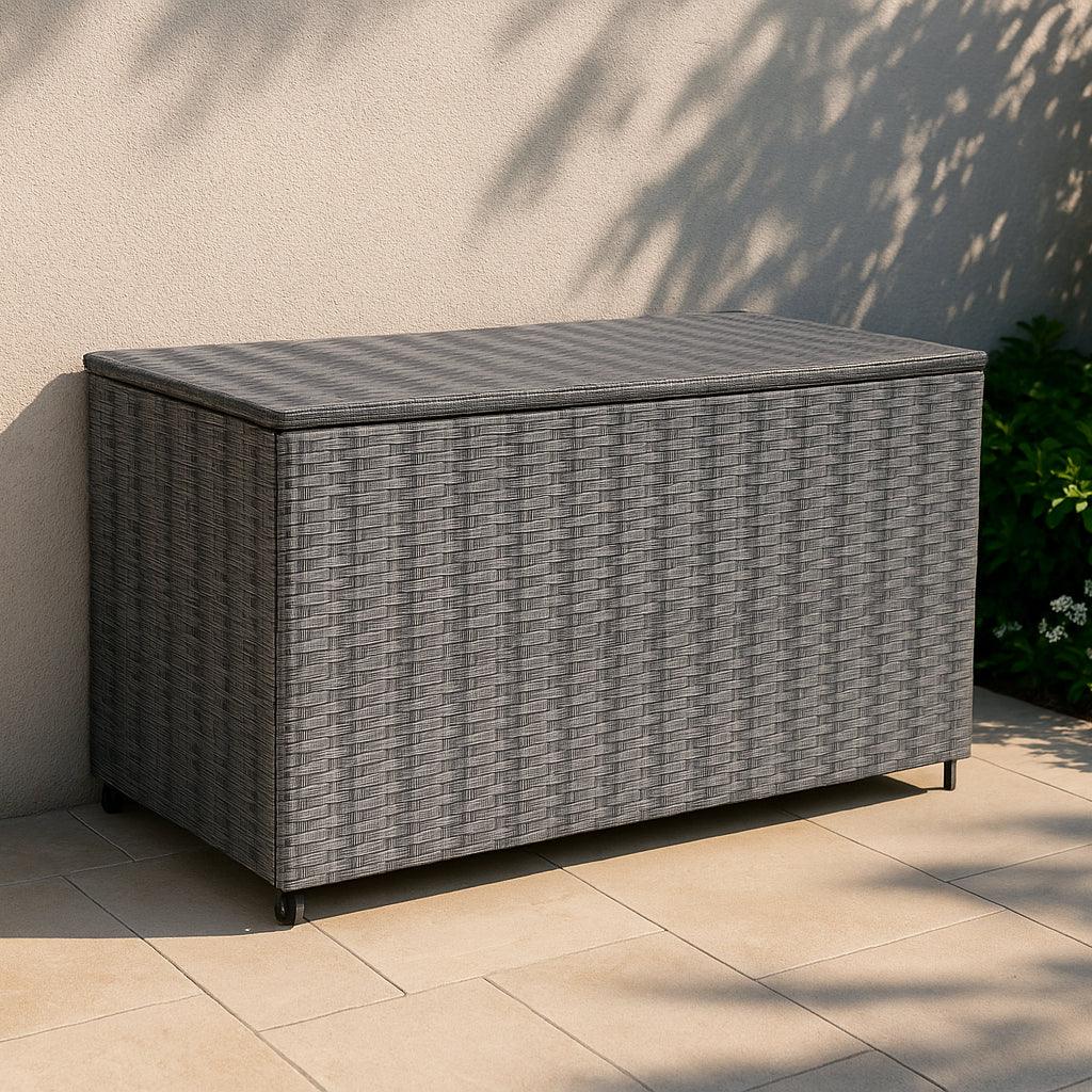 Grey rattan storage box with a textured weave, spacious design, and a lid, perfect for outdoor or indoor organization
