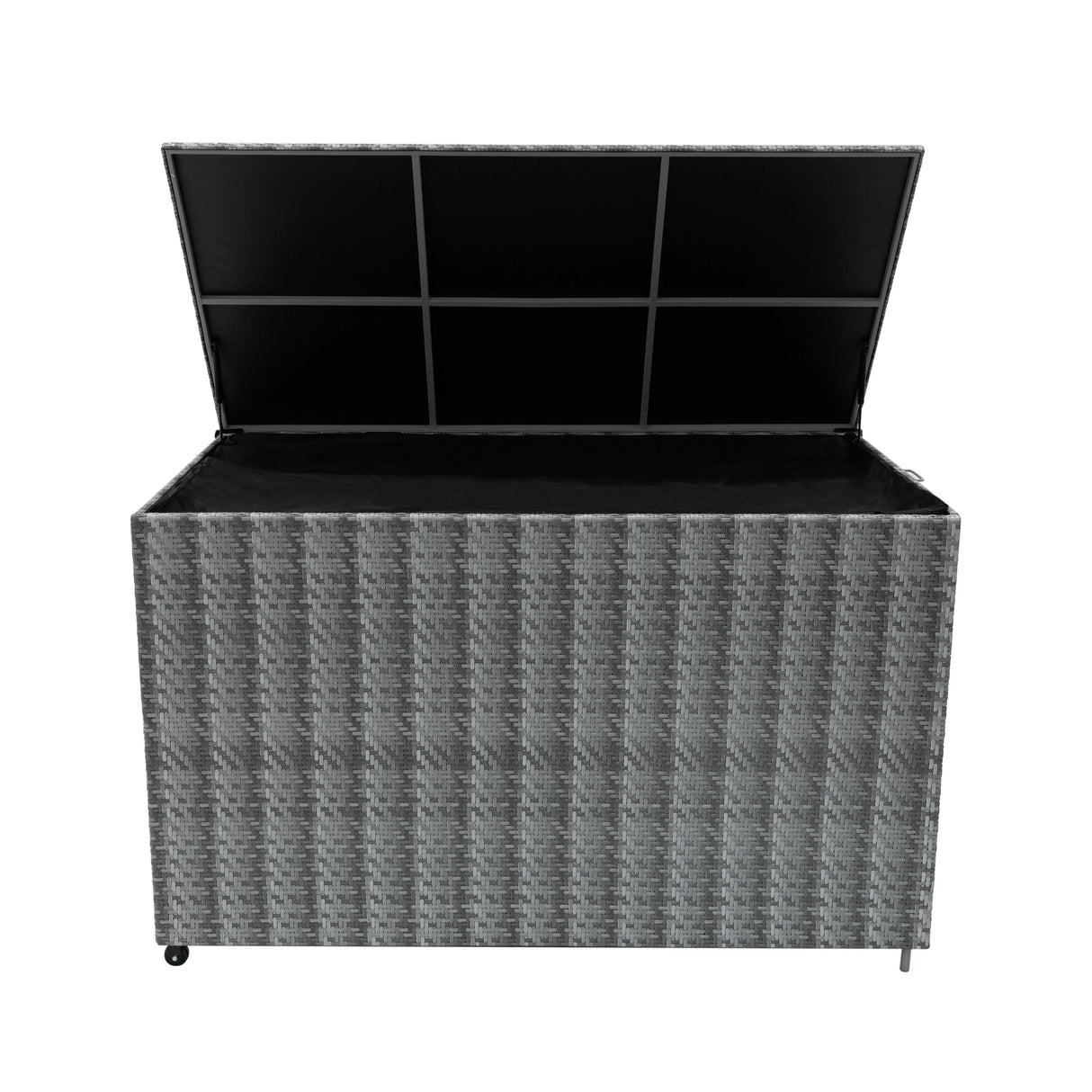 Grey rattan storage box with a textured woven design, spacious interior, and a hinged lid for easy access and organization