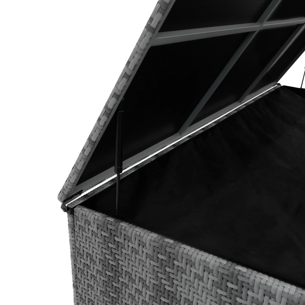 Grey rattan storage box with a textured woven design, featuring a spacious interior and a hinged lid for easy access