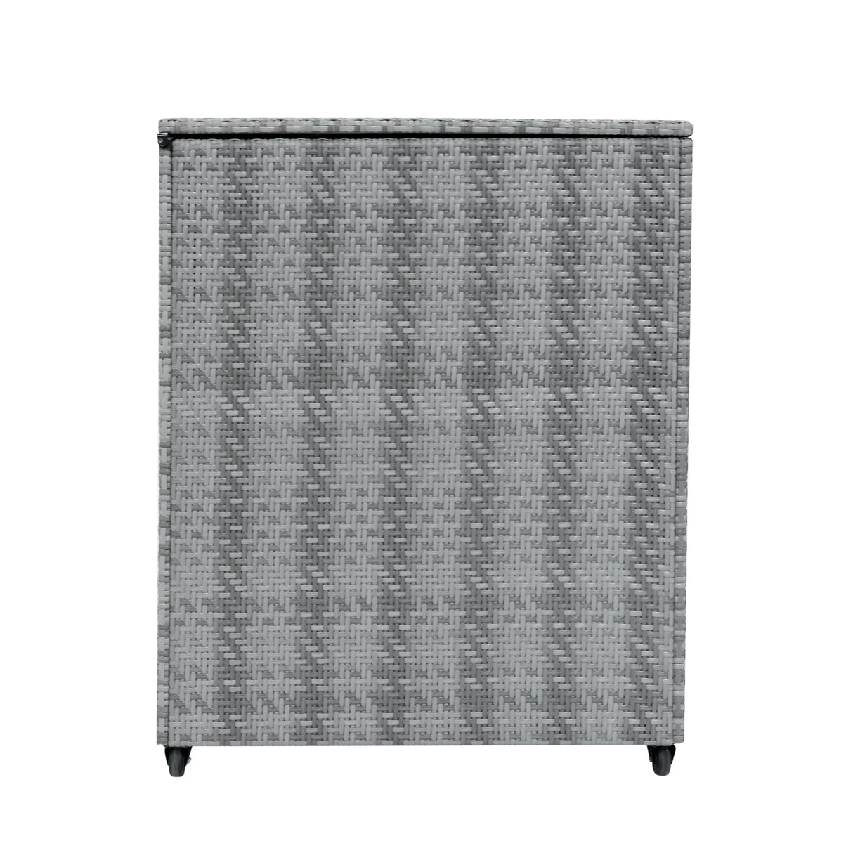 Grey rattan storage box with a textured weave design, featuring a sleek rectangular shape and sturdy feet for stability
