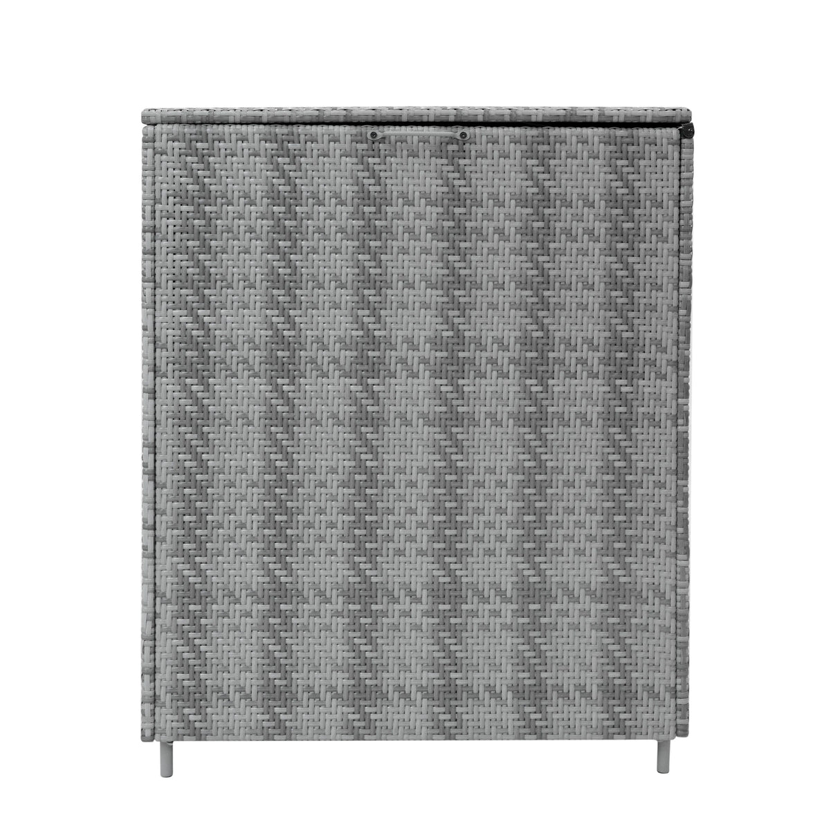 Grey rattan storage box with a textured weave, featuring a sleek design and sturdy legs, ideal for organizing items stylishly