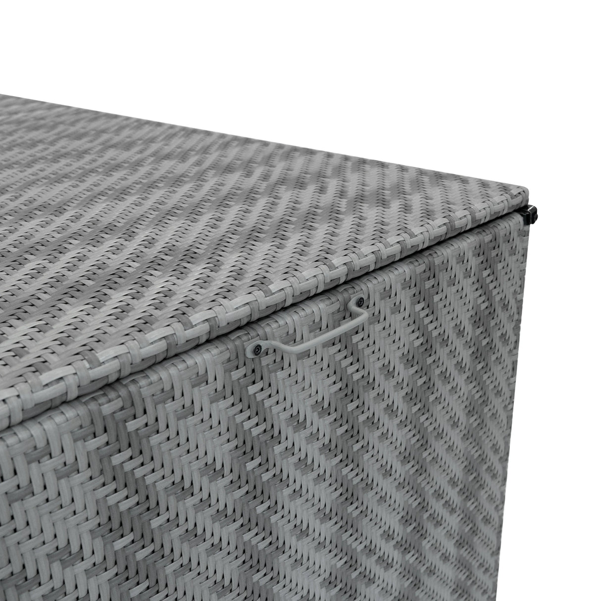 Grey rattan storage box with a textured woven design, featuring a sturdy lid and side handle for easy access and organization