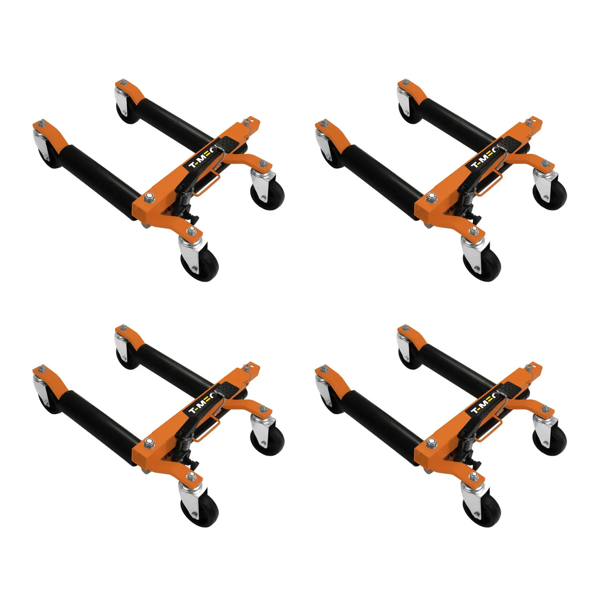 Hydraulic positioning skates set of four, featuring durable orange frames, rubber grips, and smooth-rolling wheels for easy maneuverability