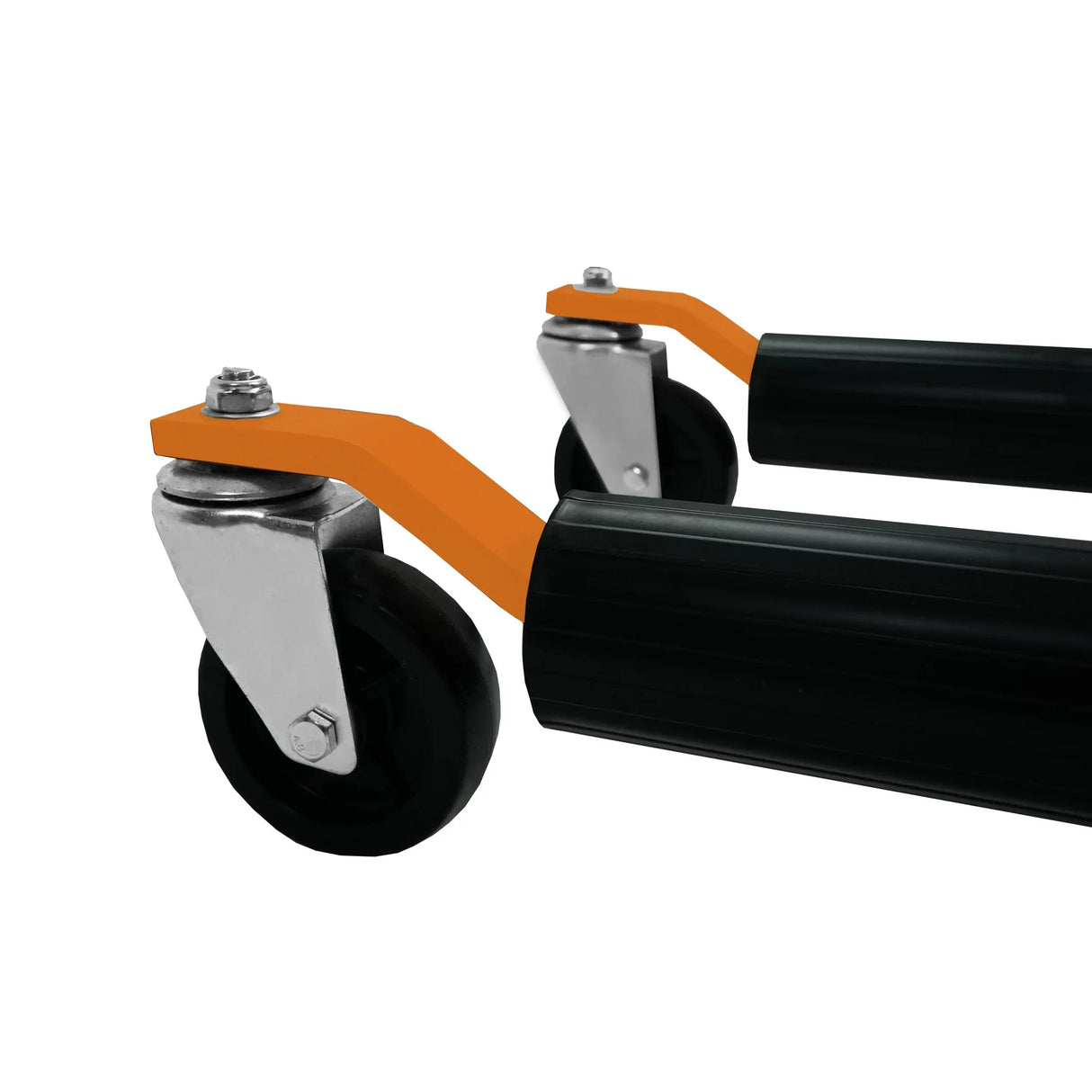 Hydraulic positioning skates with durable black rollers and orange metal handles, designed for easy maneuverability of heavy loads