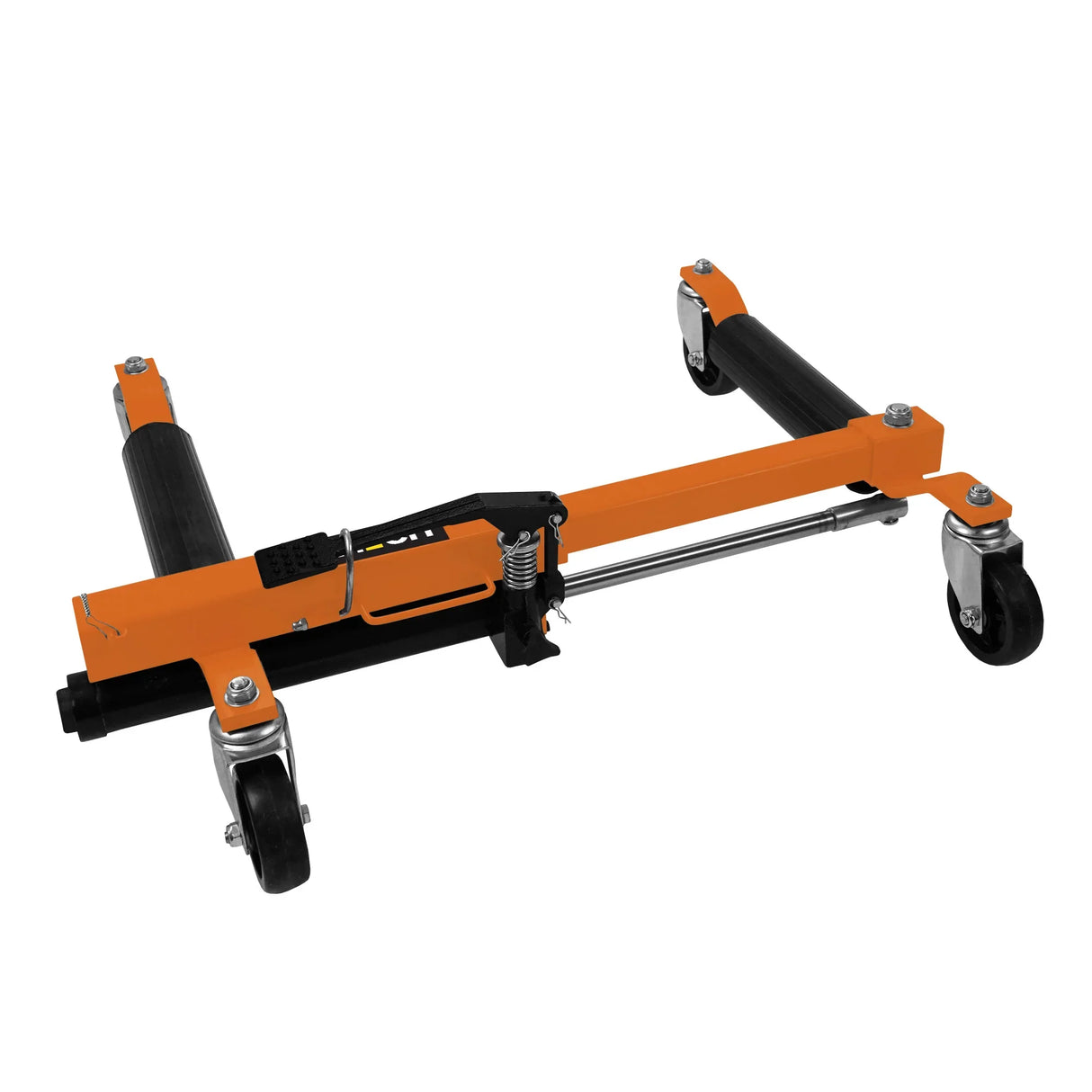 Hydraulic positioning skates in orange and black, featuring durable wheels and a sturdy frame for easy maneuverability of heavy loads