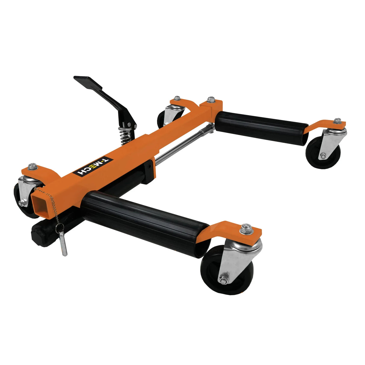 Hydraulic positioning skate in orange and black, featuring sturdy rollers, a lever for easy maneuverability, and a robust frame