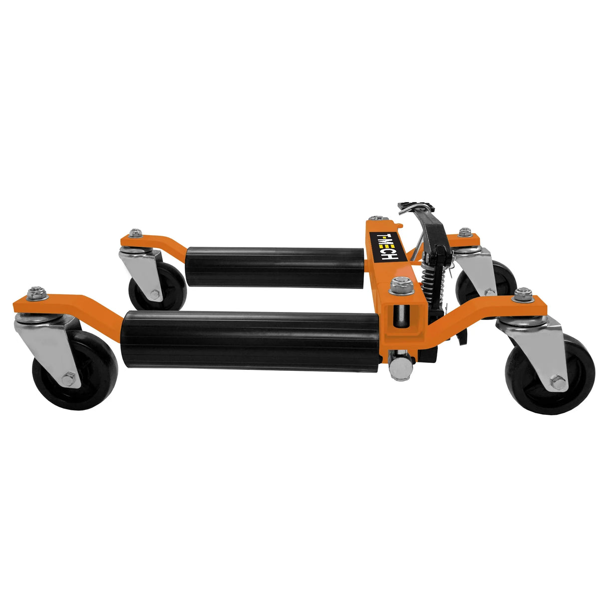 Hydraulic positioning skates in orange and black, featuring durable rollers and sturdy metal frame for easy maneuvering of heavy loads