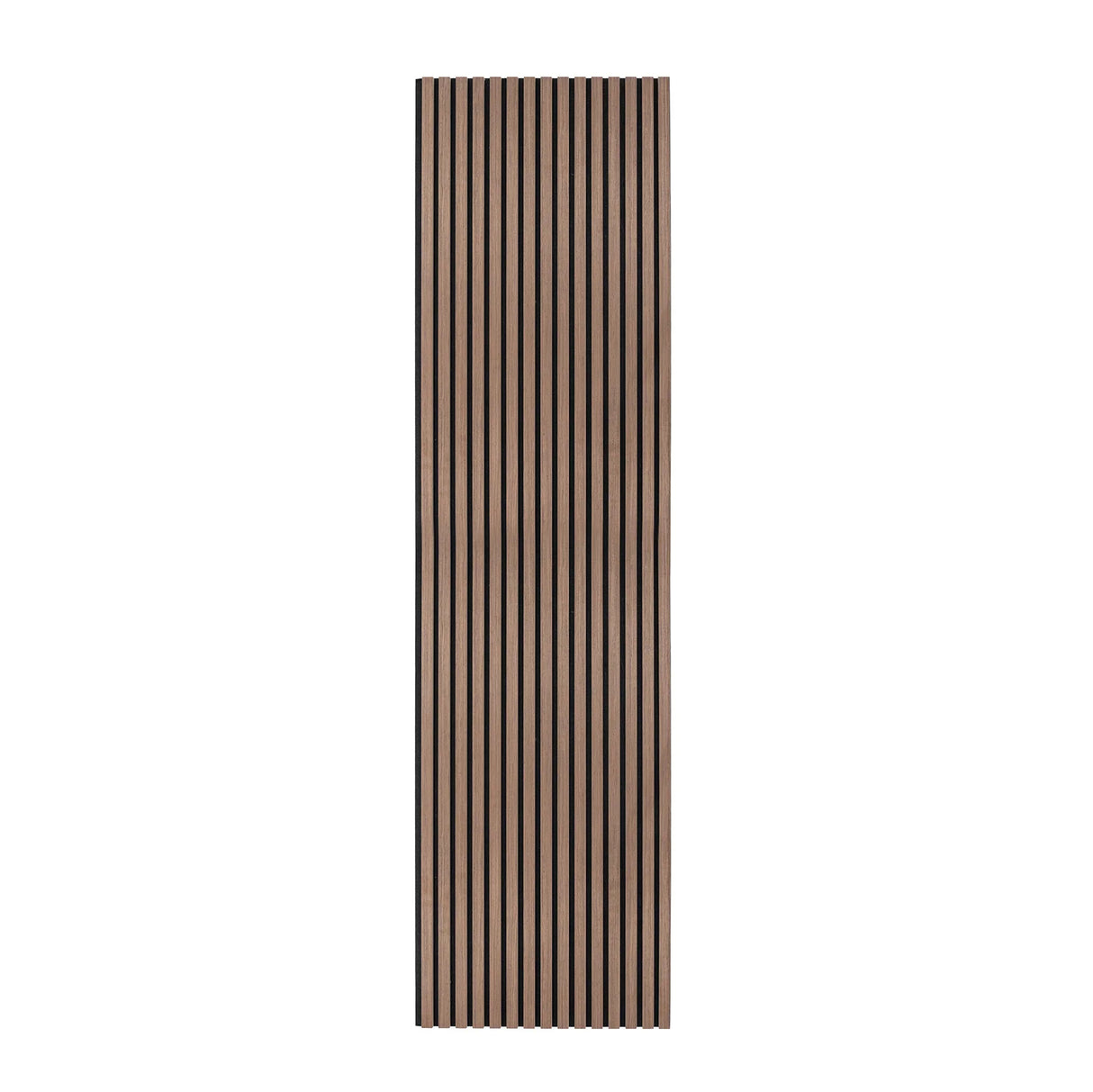 Acoustic slat wall panel in dark walnut, featuring vertical slats with a smooth finish, ideal for sound absorption and stylish decor