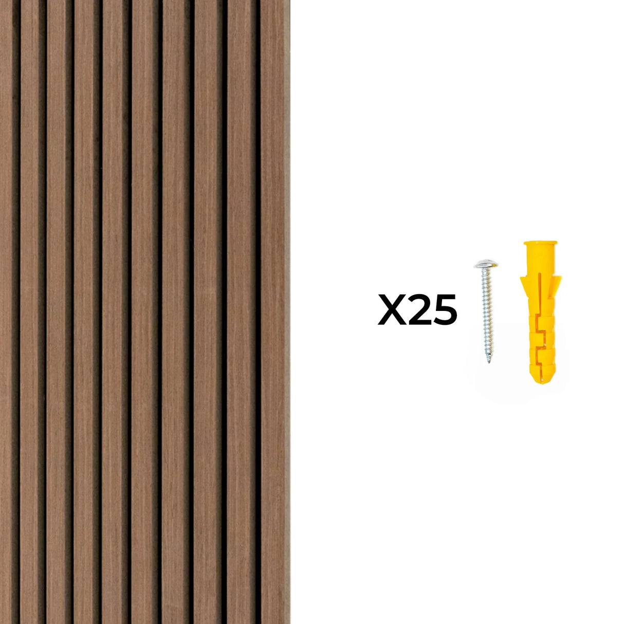 Acoustic slat wall panel in dark walnut finish, featuring vertical slats with included hardware for easy installation