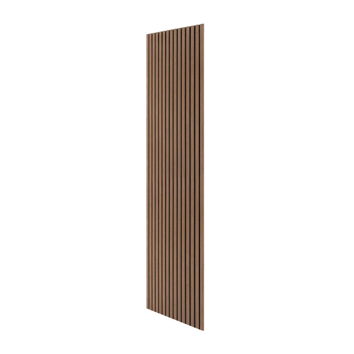 Acoustic slat wall panels in dark walnut, featuring vertical slats with a smooth finish, ideal for sound absorption and modern decor