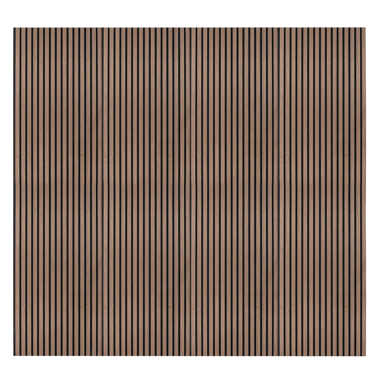 Acoustic slat wall panels in dark walnut finish, featuring vertical grooves for sound absorption and a modern aesthetic