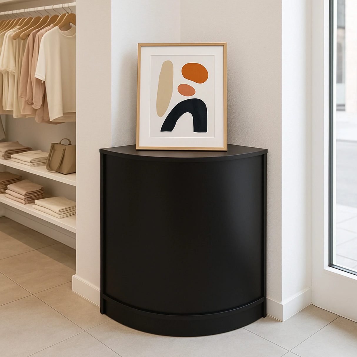 Sleek black retail shop corner counter CM60 with a curved design, featuring a modern art print and neatly arranged merchandise nearby