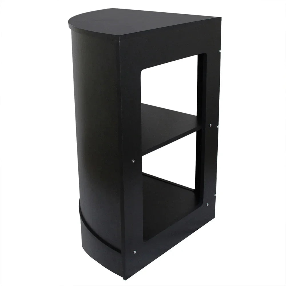 Sleek black retail shop corner counter CM60 with a curved design, featuring two open shelves for display and storage