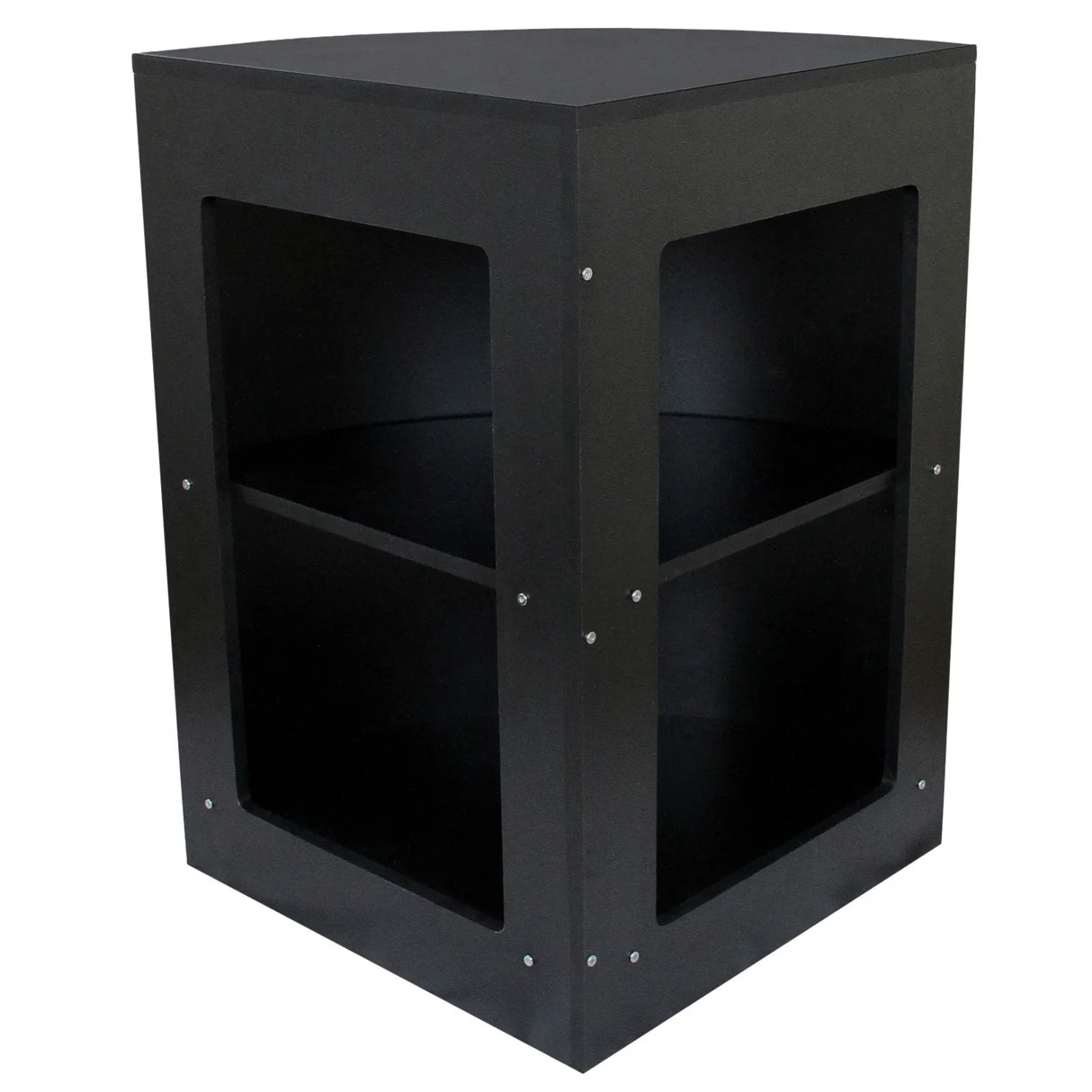 Corner retail shop counter in sleek black finish, featuring two open shelves and a modern design, perfect for display and storage