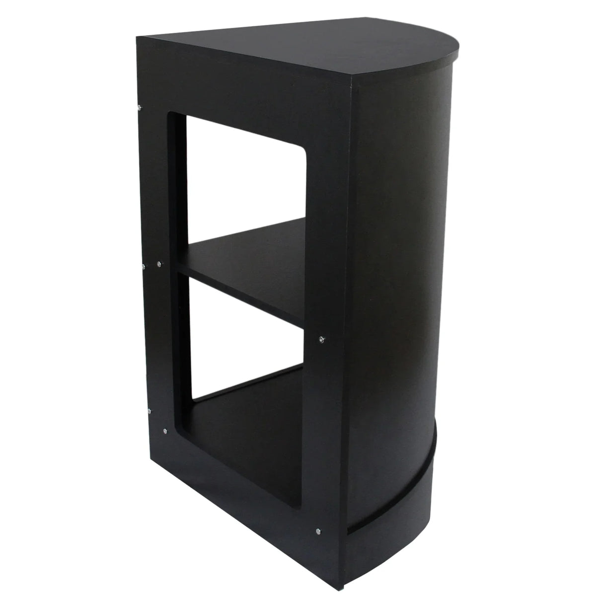 Sleek black retail shop corner counter CM60 with a curved design, featuring an open shelf for easy access and display