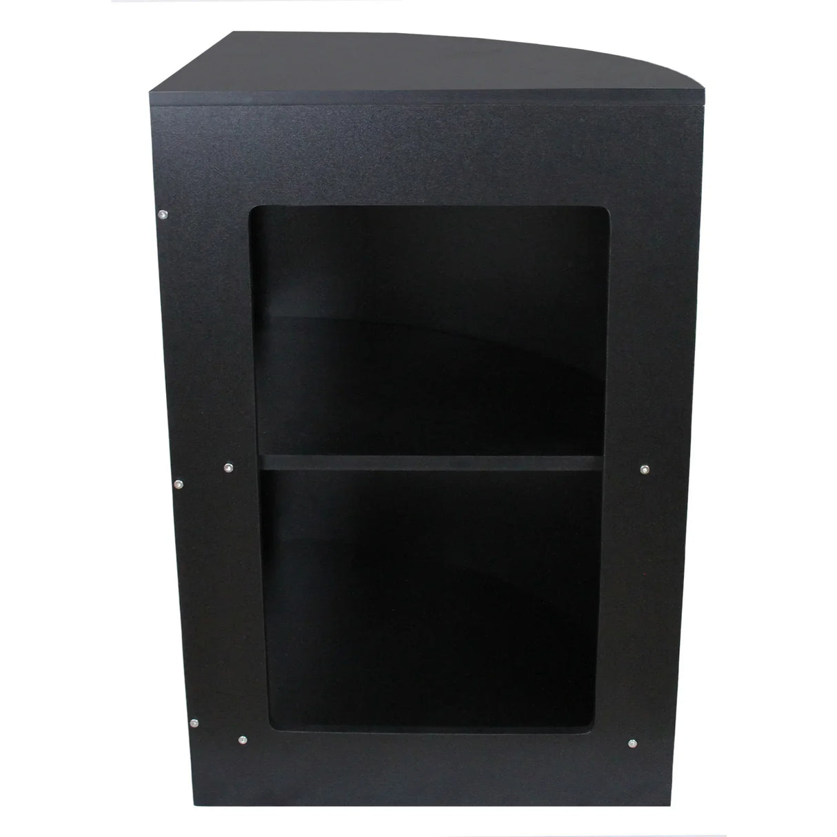 Corner counter in sleek black finish, featuring a rounded top, open shelving, and a modern design ideal for retail displays
