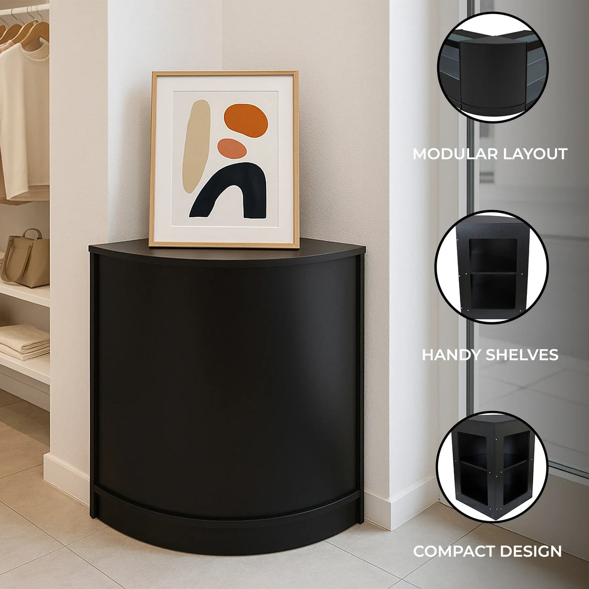 Black retail shop corner counter CM60 with a modular layout, featuring handy shelves and a compact design, styled with artwork