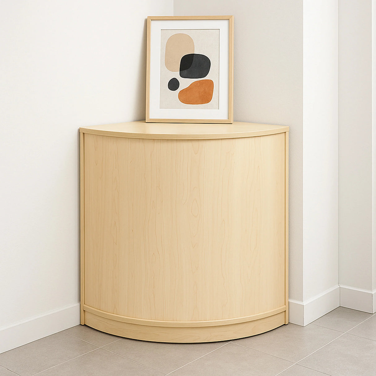 Corner counter in light maple wood with a smooth finish, featuring a rounded design, ideal for retail spaces or home decor