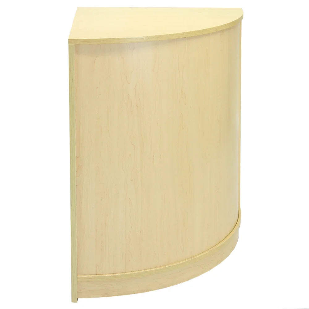 Curved retail shop corner counter in light maple finish, featuring smooth texture and elegant design for optimal space utilization