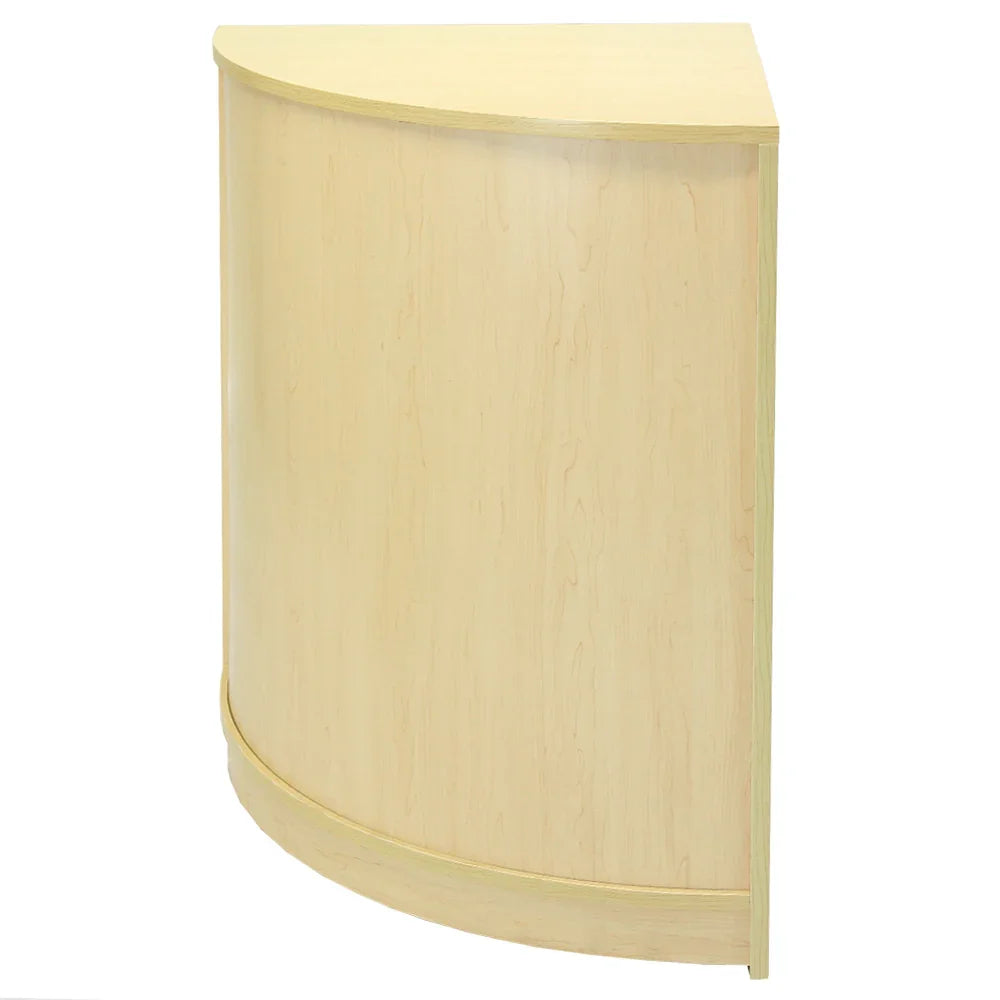 Maple corner counter with a smooth, curved design and light wood finish, ideal for retail shop displays and customer service areas