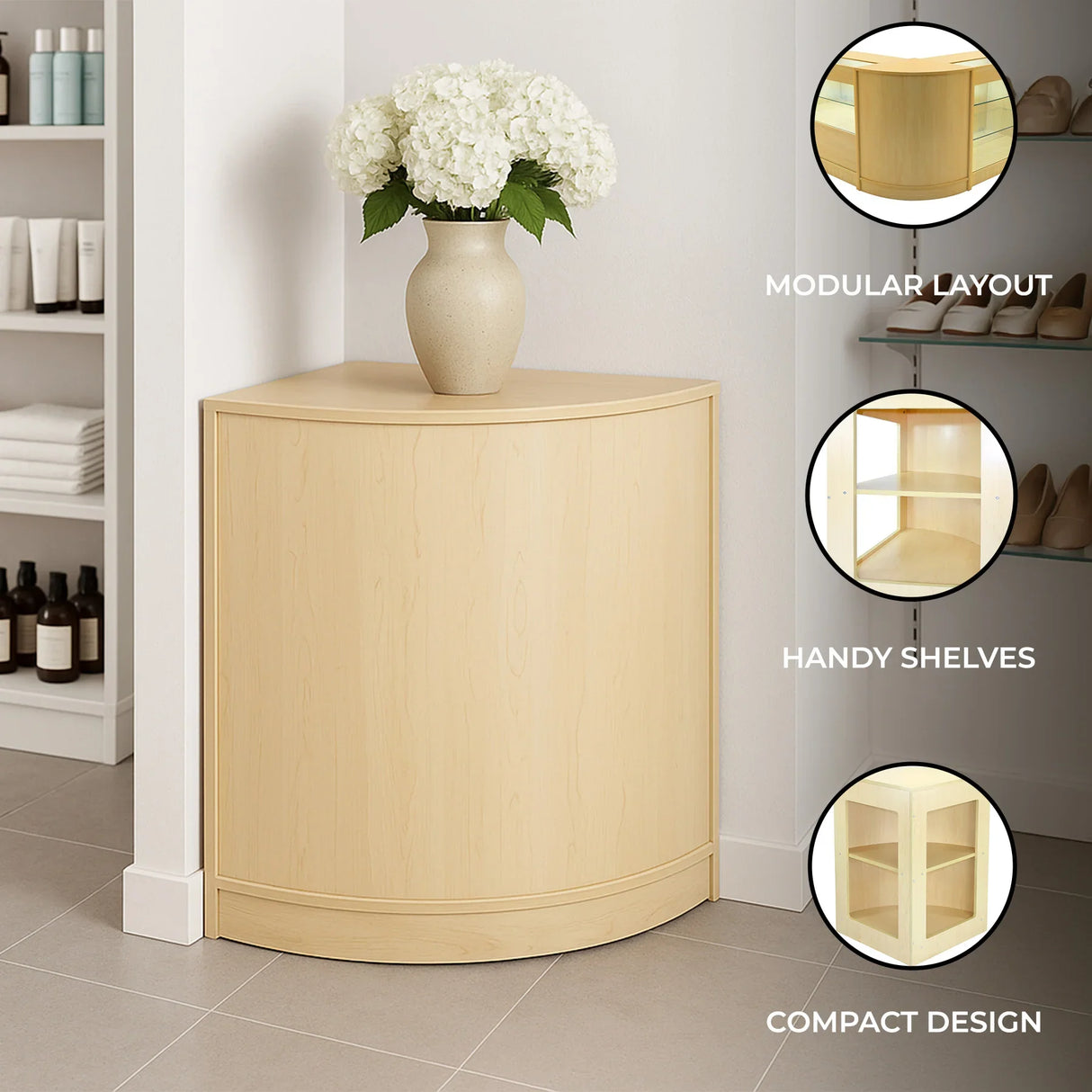 Retail Shop Corner Counter CM60 in light maple finish, featuring a curved design, compact size, and handy shelves for storage