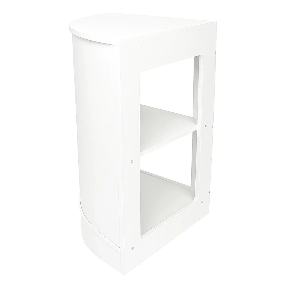 White retail shop corner counter CM60 with a sleek design, featuring two open shelves and a smooth, rounded edge