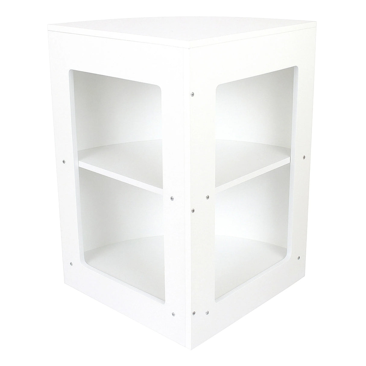 White retail shop corner counter CM60 featuring a sleek design, transparent glass shelves, and a modern, minimalist aesthetic