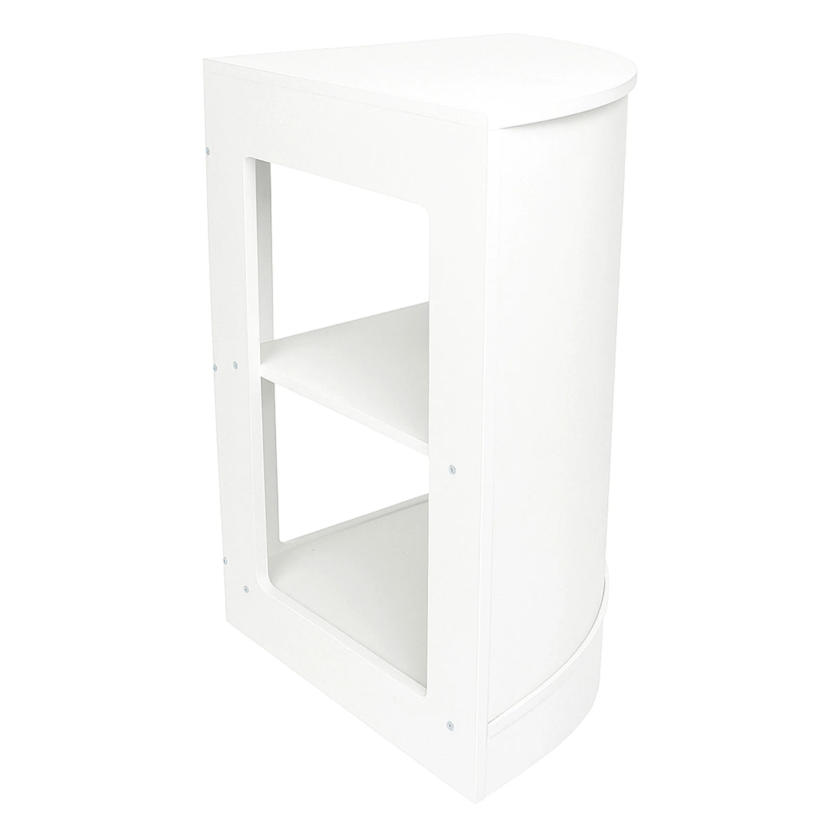 Corner retail shop counter in sleek white finish, featuring a rounded design, open shelving, and smooth surface for easy cleaning