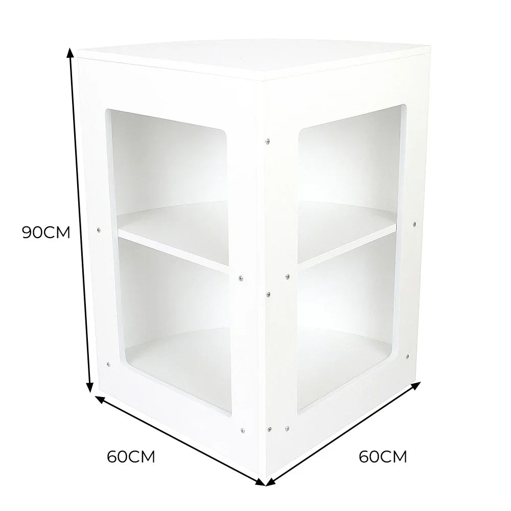 White retail shop corner counter CM60 with two shelves, sleek design, smooth finish, and dimensions of 60cm x 60cm x 90cm