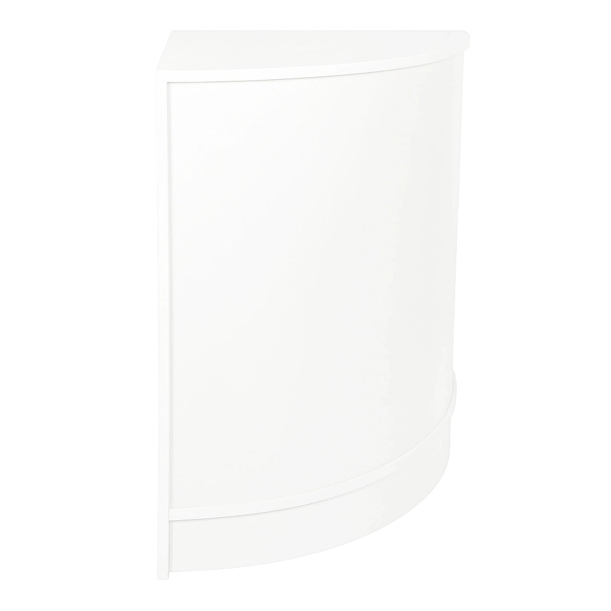 Sleek white retail shop corner counter CM60 with a smooth finish and curved design, ideal for maximizing space in stores