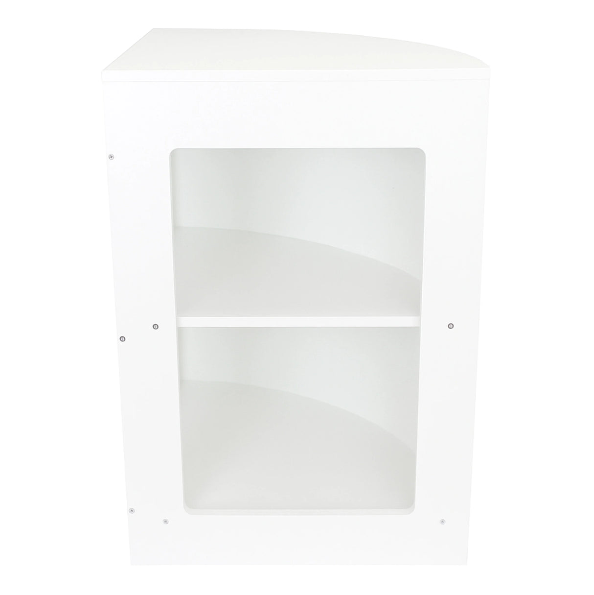 White retail shop corner counter CM60 with a curved design, featuring a clear glass display window and two interior shelves