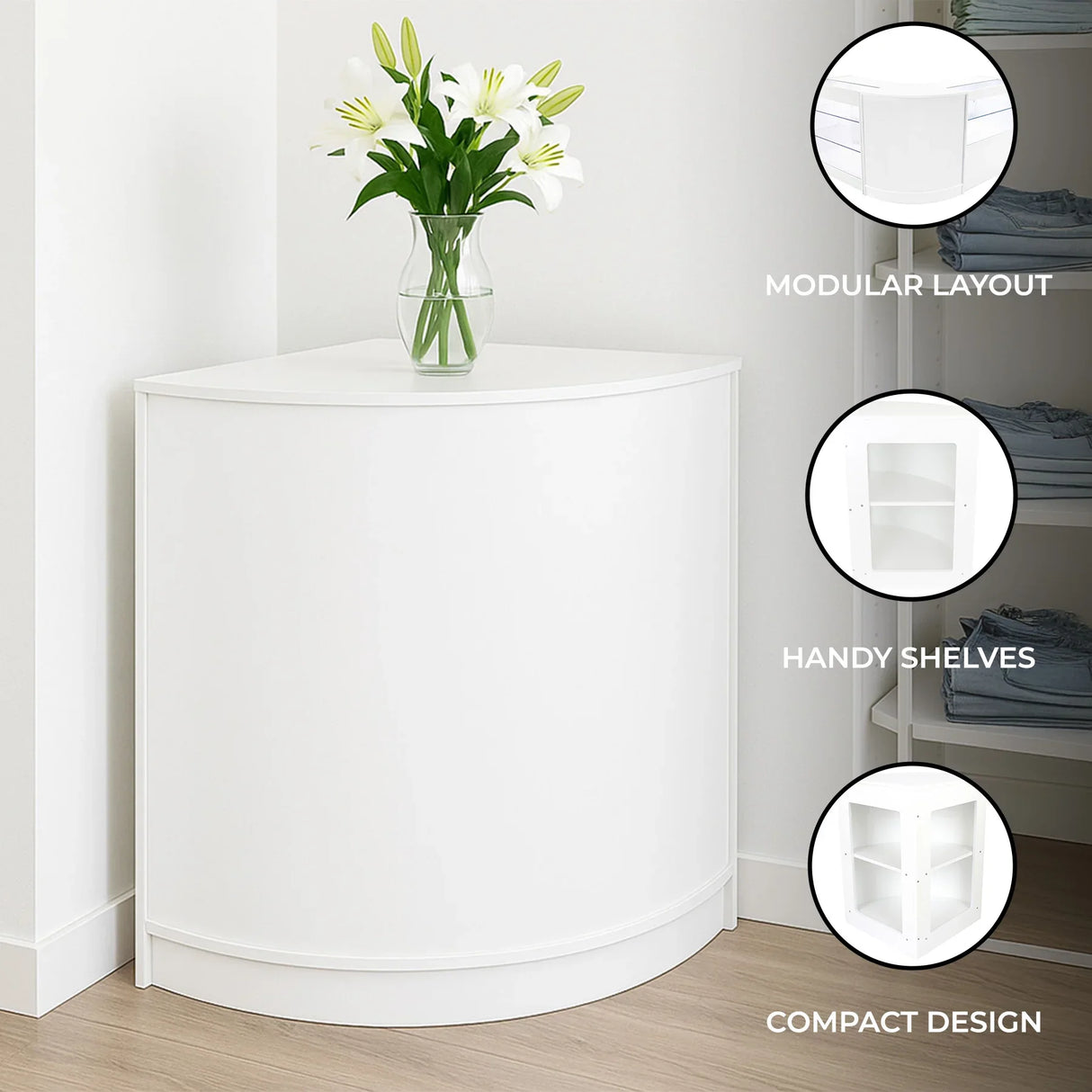 White retail shop corner counter CM60 with a curved design, featuring handy shelves and a modern, compact layout, adorned with a vase of lilies