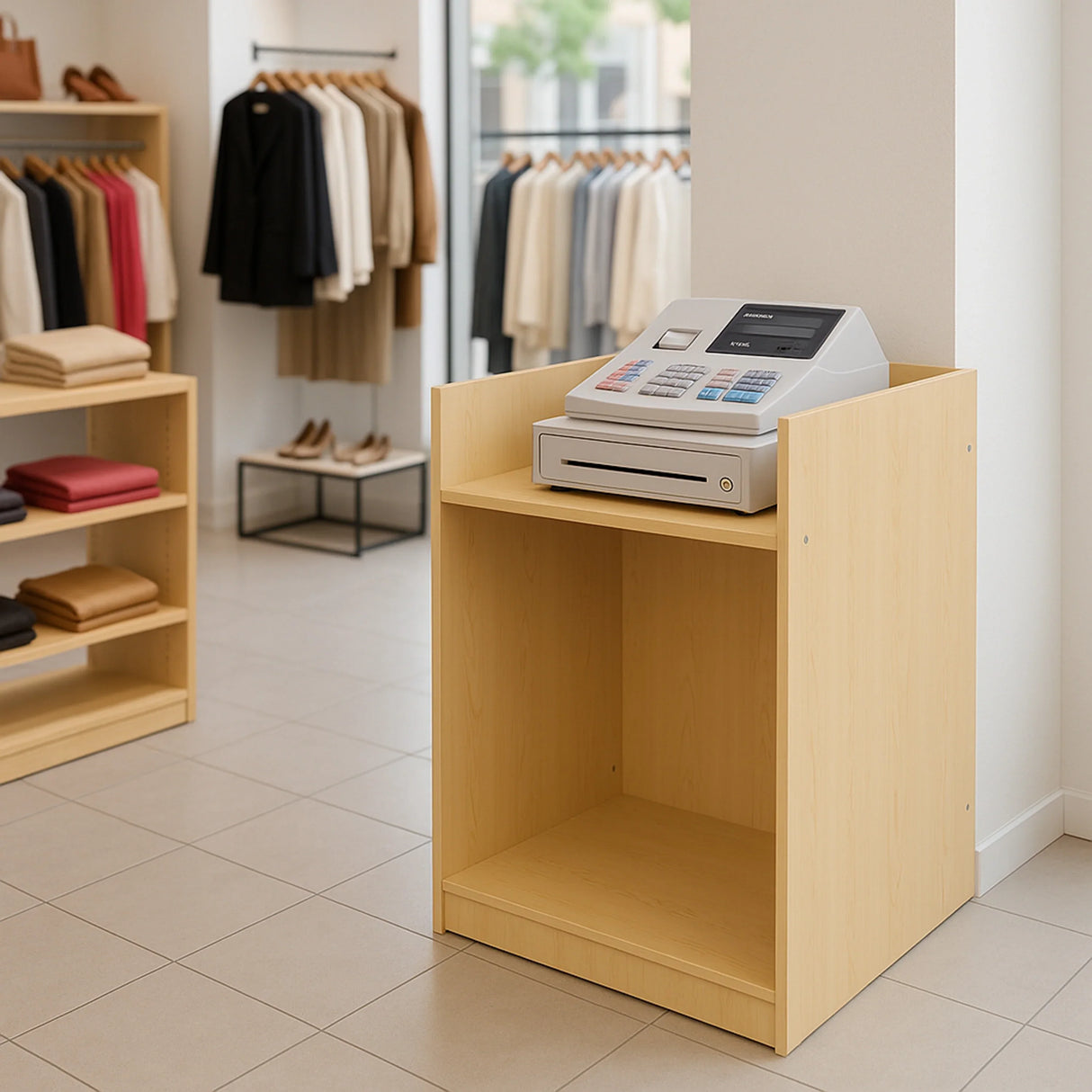 Maple shop counter till block TB60 featuring a sleek design, integrated cash register, and spacious storage area for retail environments