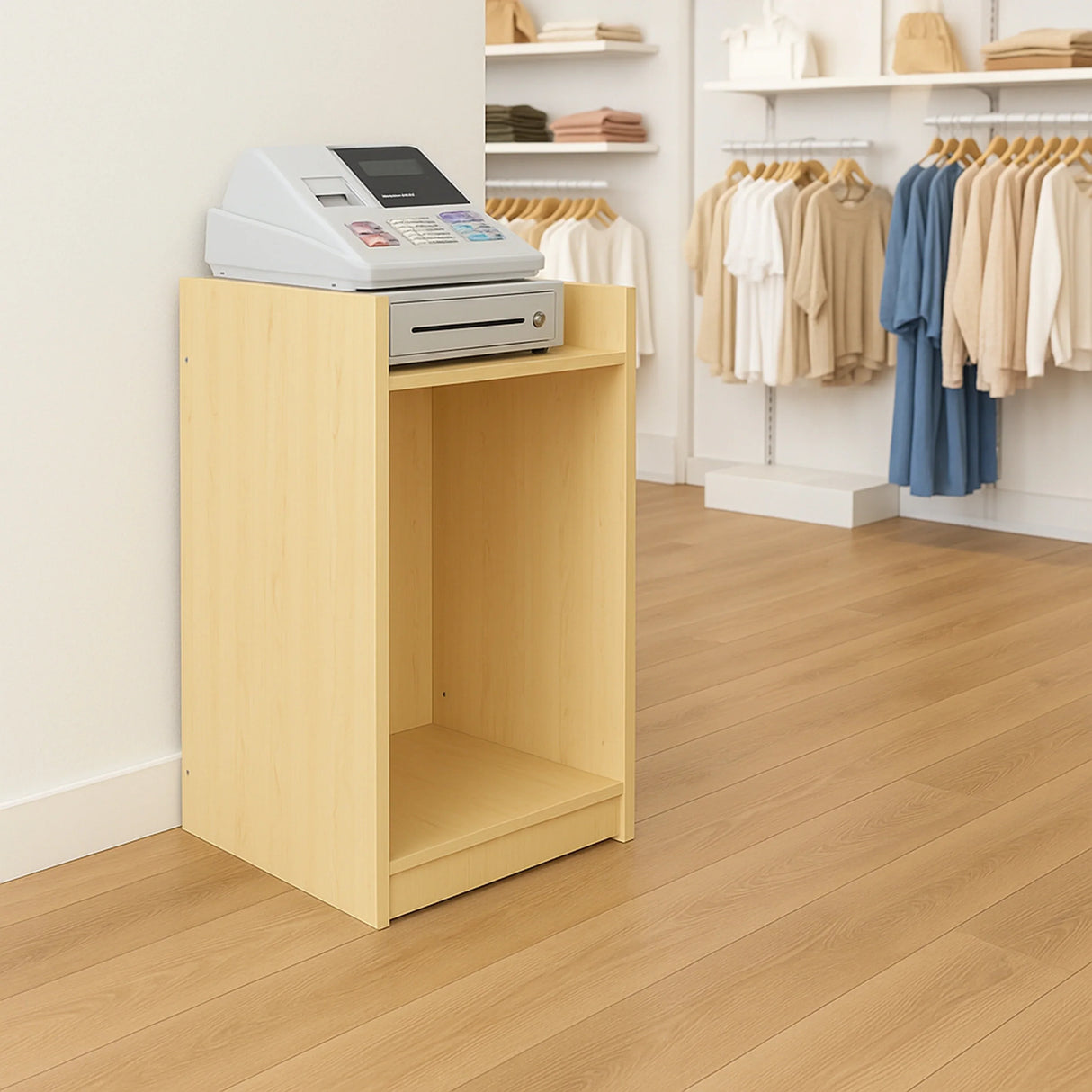 Maple shop counter till block TB60 with a cash drawer, featuring a sleek design and smooth finish, ideal for retail spaces