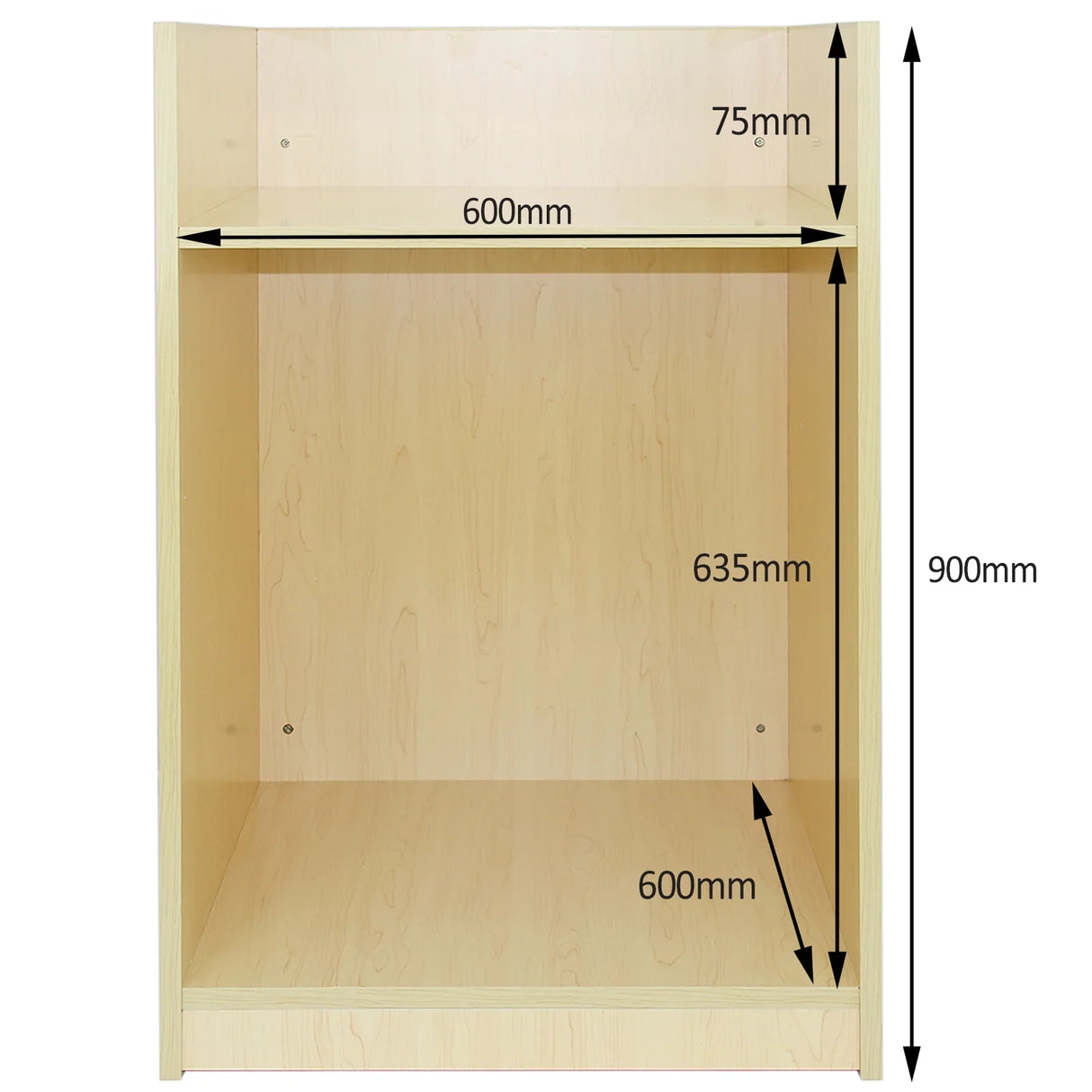 Maple shop counter till block TB60 featuring a spacious interior, smooth finish, and dimensions of 600mm width, 900mm height, and 635mm depth