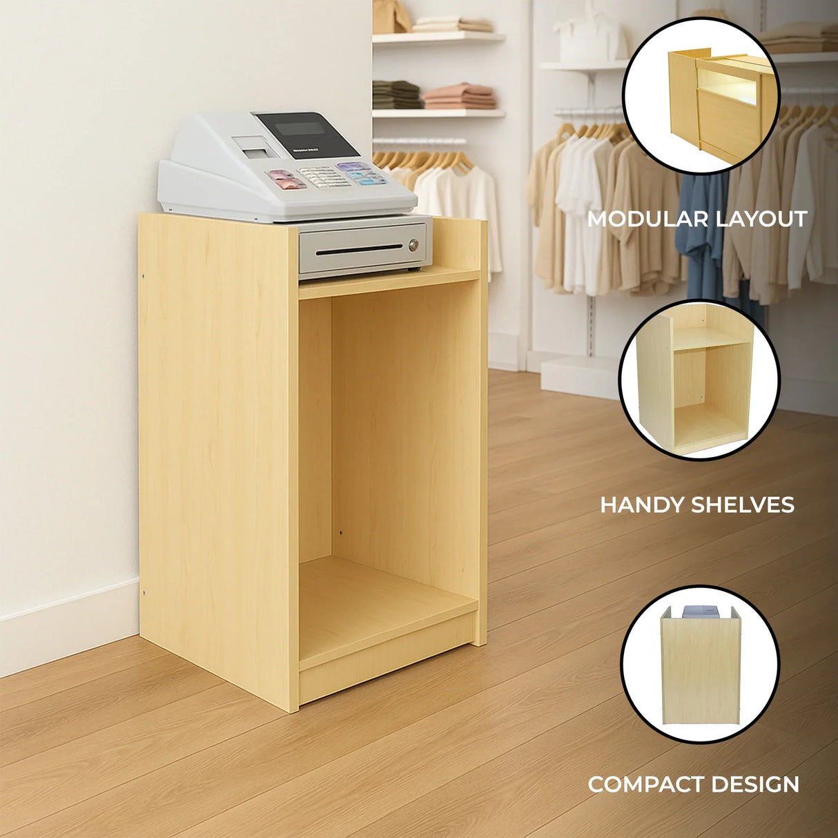Shop Counter Till Block TB60 in maple finish, featuring a modular layout, handy shelves, and compact design for efficient retail use