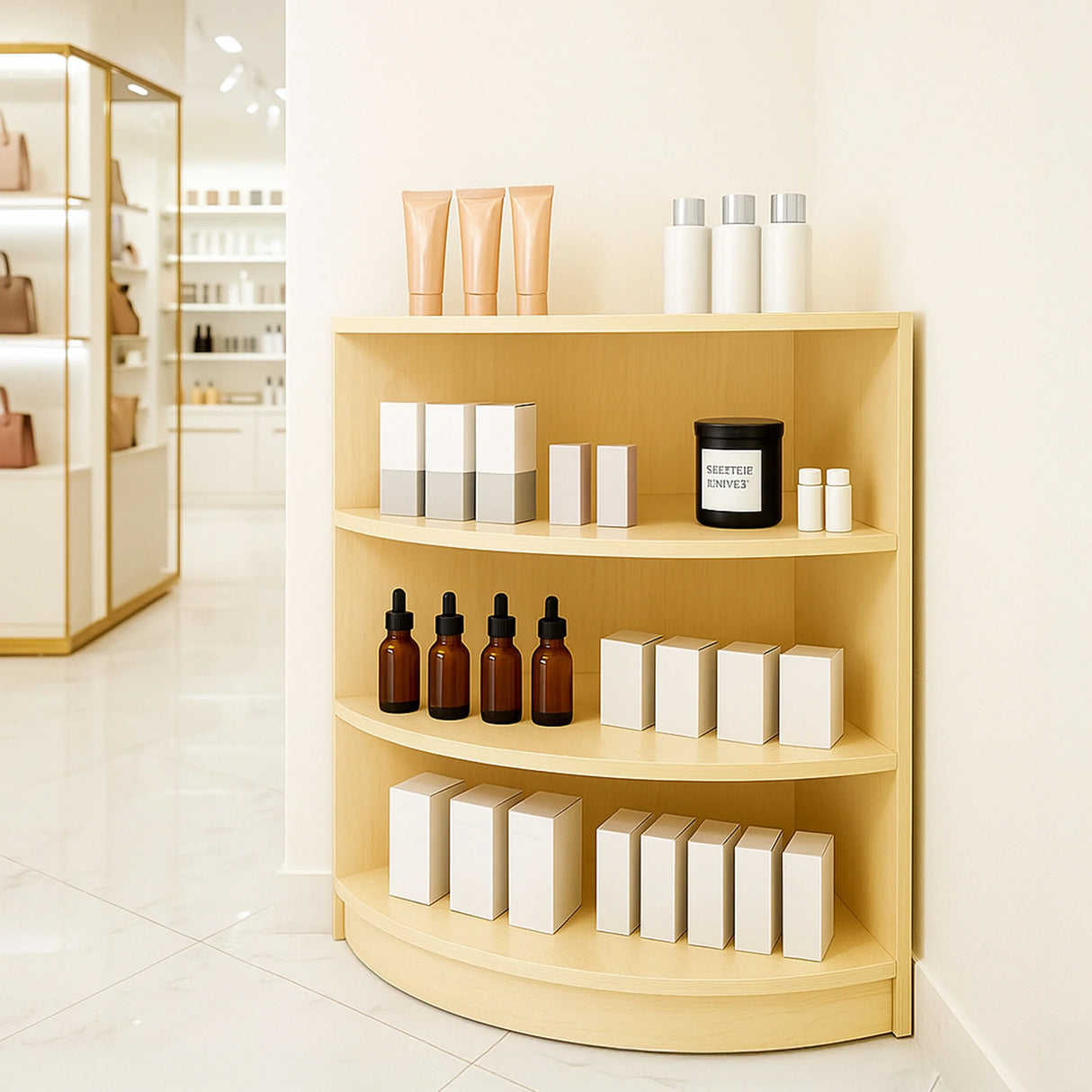 Retail Shop Corner Counter LM60 in maple wood, featuring three curved shelves displaying various skincare products and elegant packaging