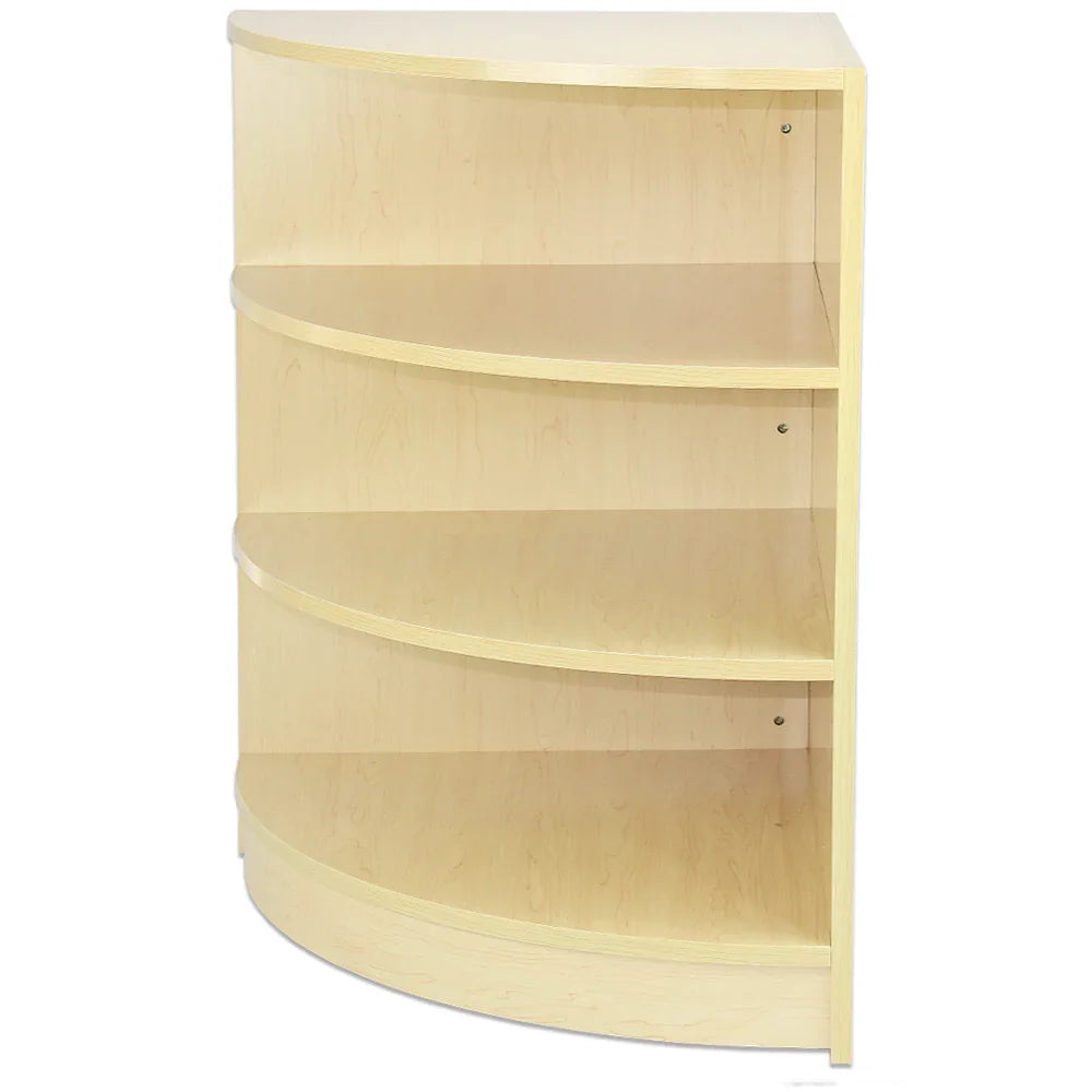 Retail Shop Corner Counter LM60 in light maple finish, featuring smooth curved shelves and a sleek design for efficient space use