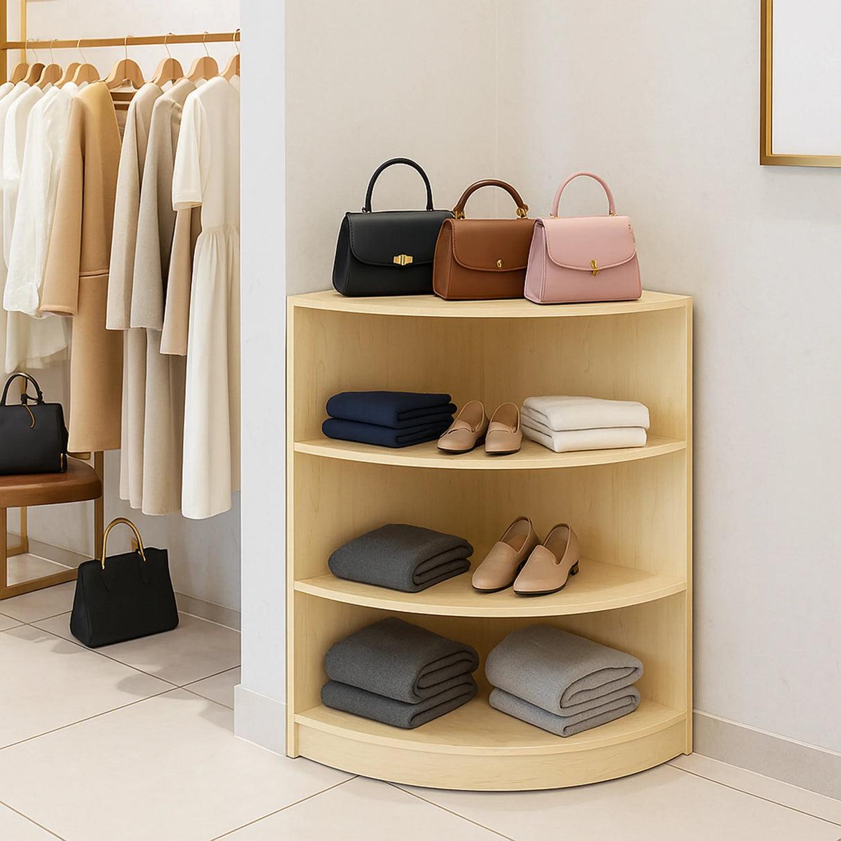 Retail Shop Corner Counter LM60 in maple finish, featuring three curved shelves displaying folded blankets and handbags in a stylish boutique setting