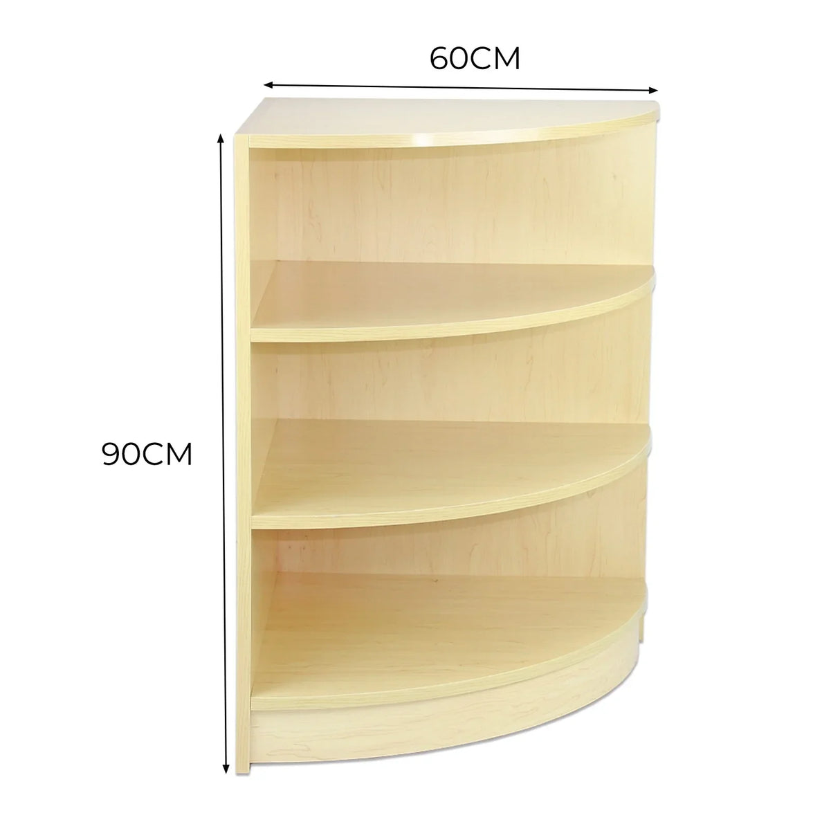 Retail Shop Corner Counter LM60 in light maple finish, featuring four curved shelves for efficient display and storage solutions