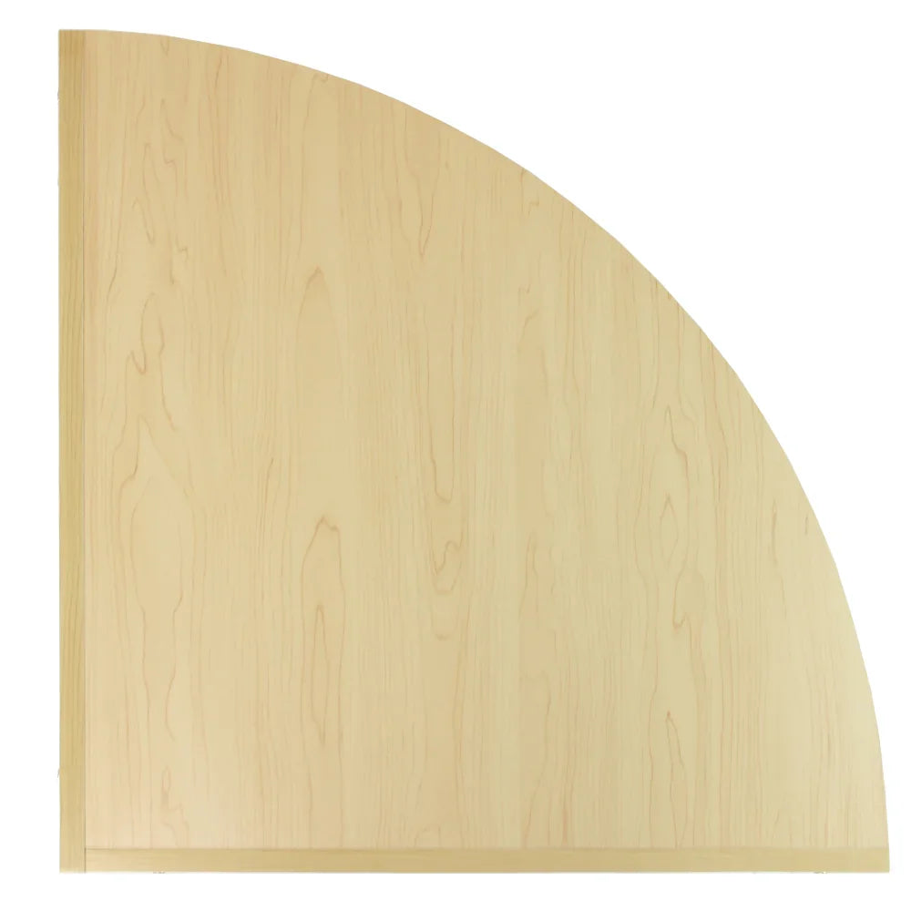 Corner counter in maple finish, featuring a smooth, curved edge and natural wood grain texture, ideal for retail displays