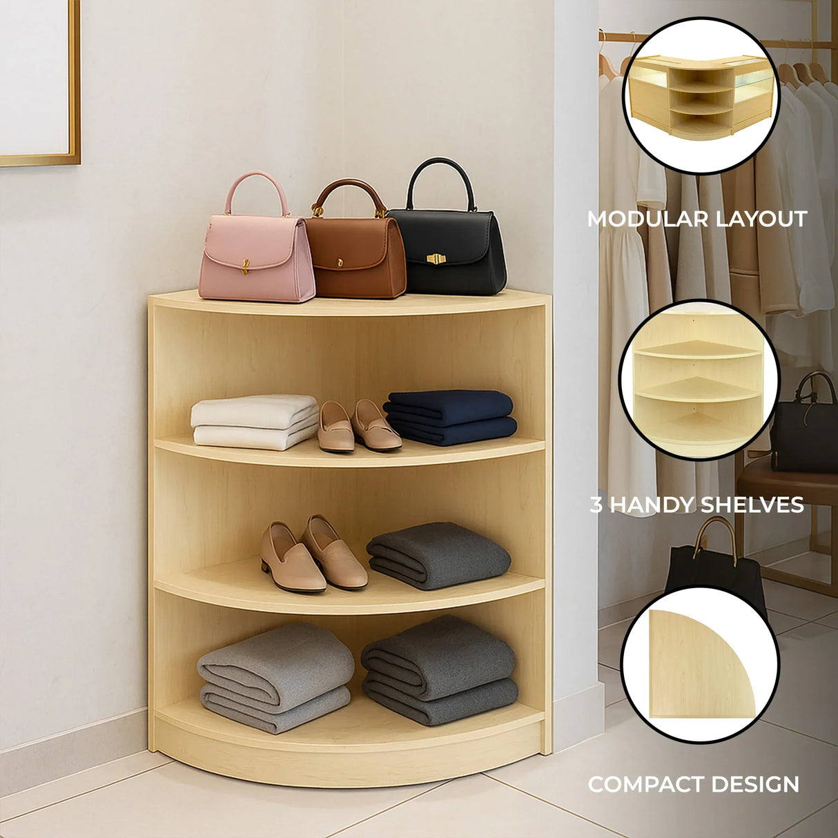 Retail Shop Corner Counter LM60 in maple finish features a compact design with three shelves, ideal for displaying bags and folded clothing
