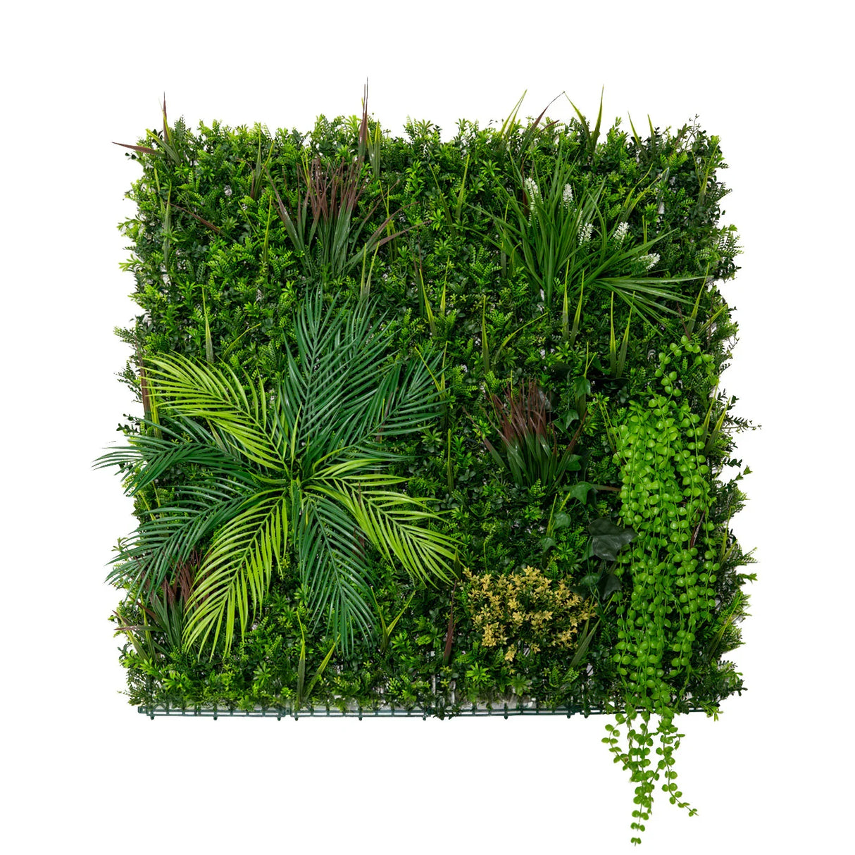 Lush green Alina artificial wall tile featuring various plants, including ferns and vines, in a 100cm x 100cm square design