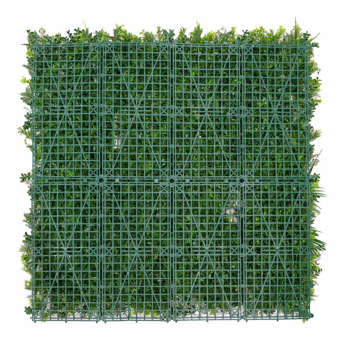 Alina Artificial Wall Tile in green, featuring a textured grid design with realistic foliage for a natural look, 100cm x 100cm