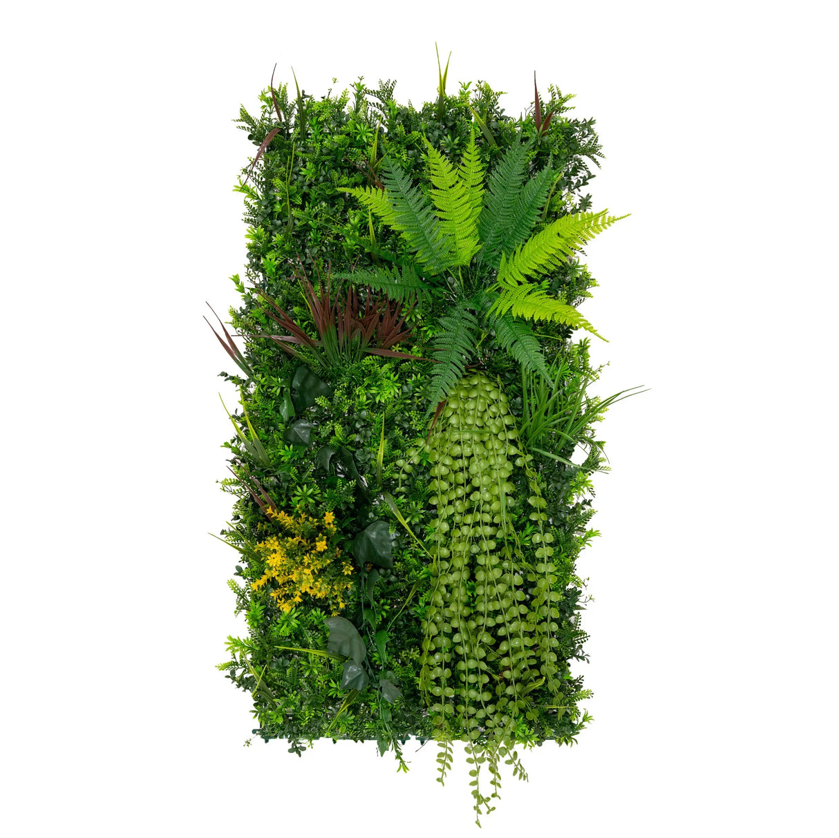 Lush green Alina Artificial Wall Tile featuring various textured faux plants, including ferns and trailing vines, perfect for indoor decor
