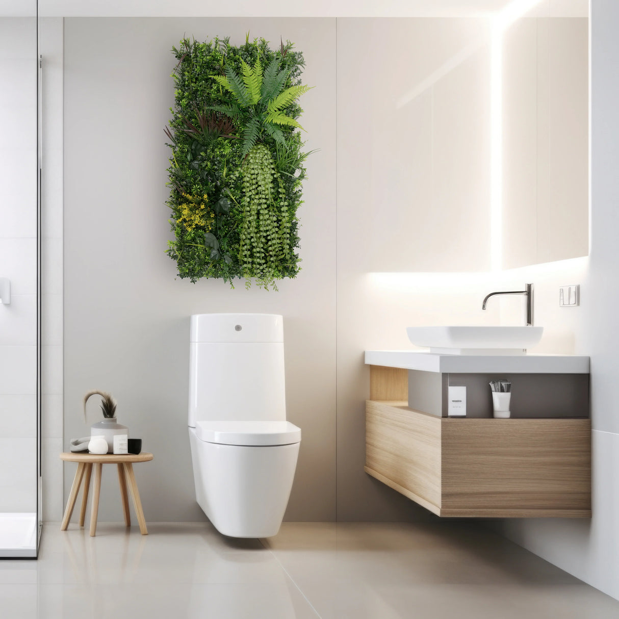 Lush green Alina artificial wall tile featuring ferns and foliage, designed for a modern bathroom setting with sleek fixtures