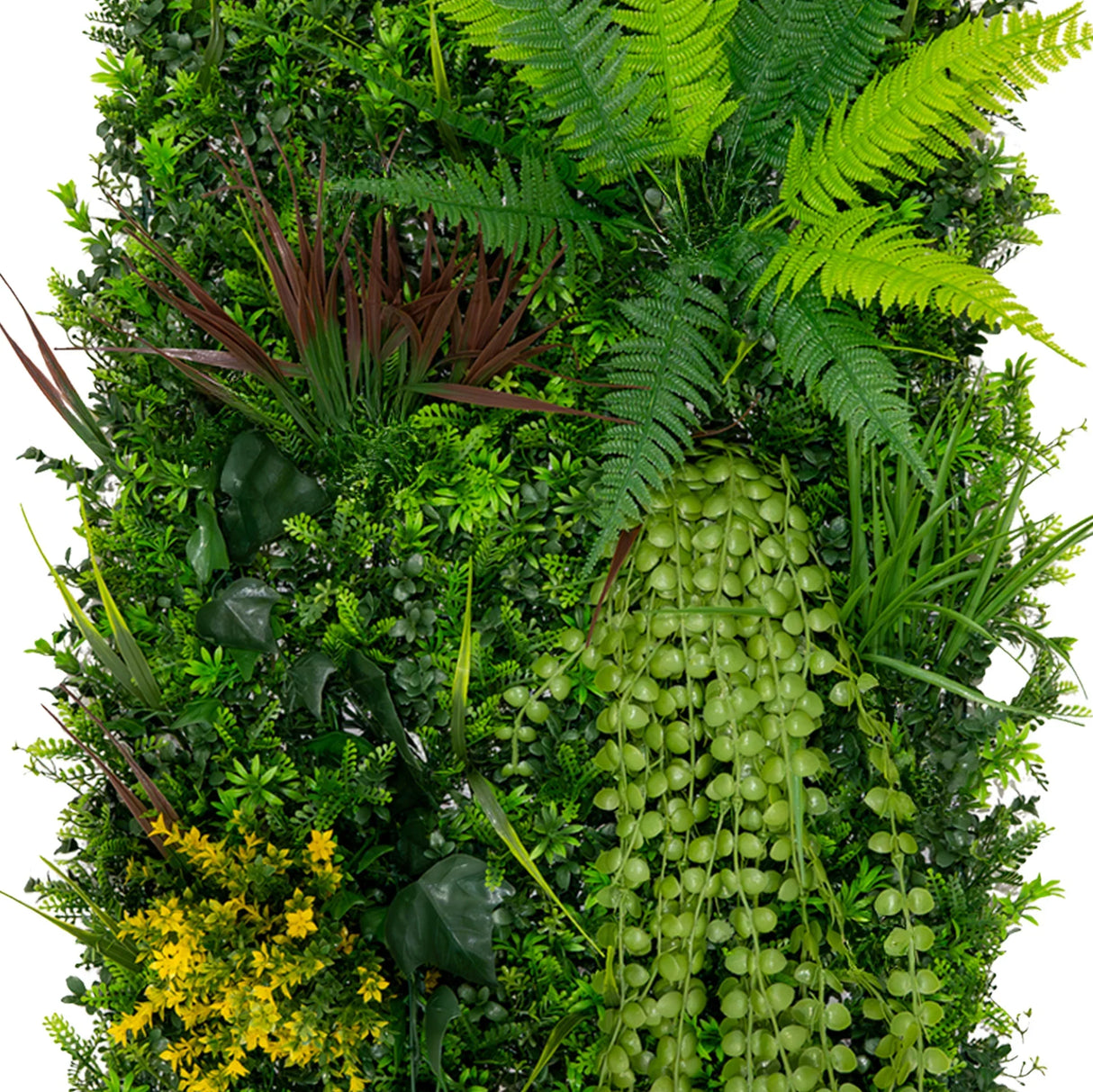 Lush green Alina artificial wall tile featuring various plants, including ferns and trailing vines, perfect for indoor decor